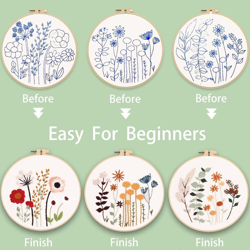 Ohcol 3 Sets Embroidery Kit,Needlepoint Kits for Adults,Needle Point Cross Stitch Kits for Beginners with Washable Pre-Printed Floral Pattern,3 Hoops,Women DIY Hand Crafts - Image 5